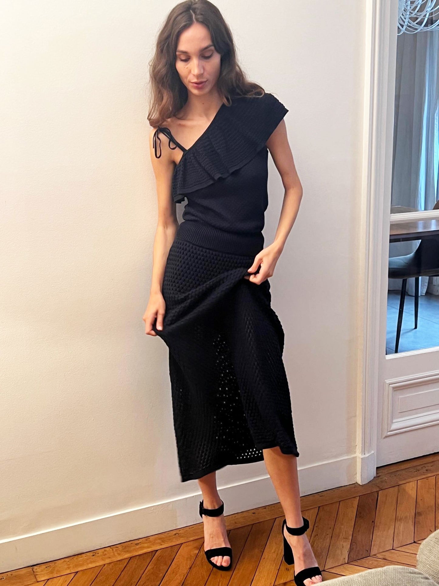 Jupe longue en tricot marine maille trou trou - Rose Desbois