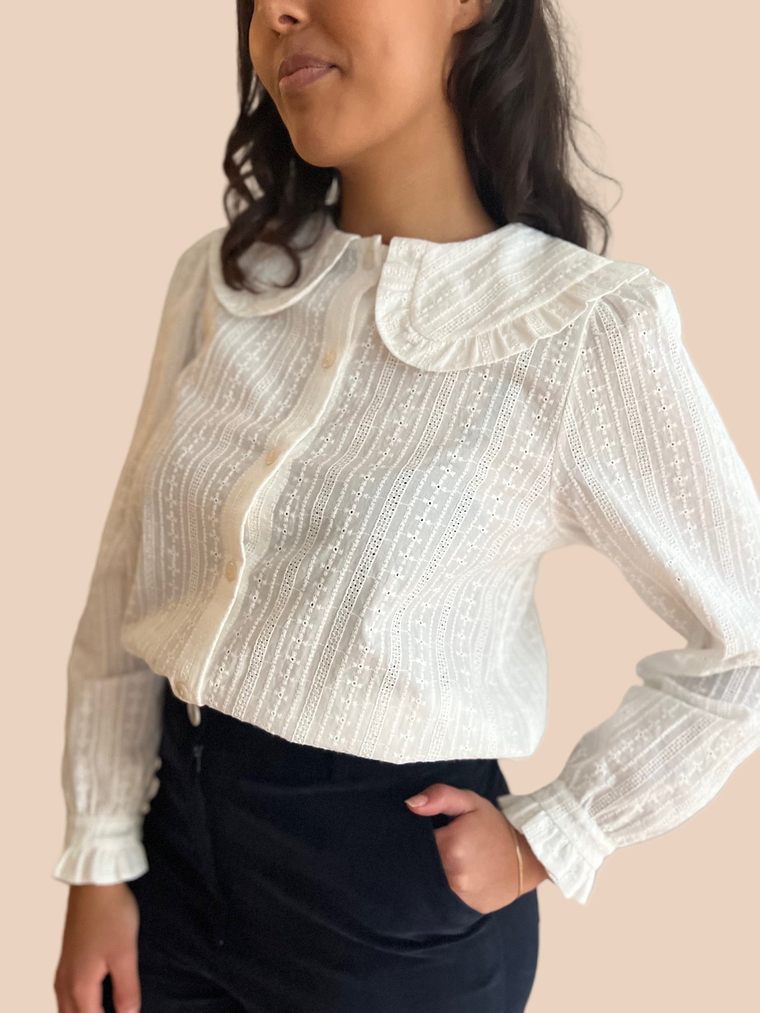 Blouse blanche broderie anglaise rose desbois