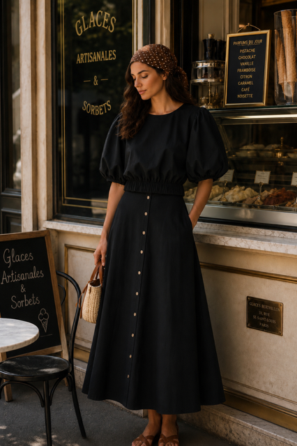 Jupe évasée top blousant rose desbois