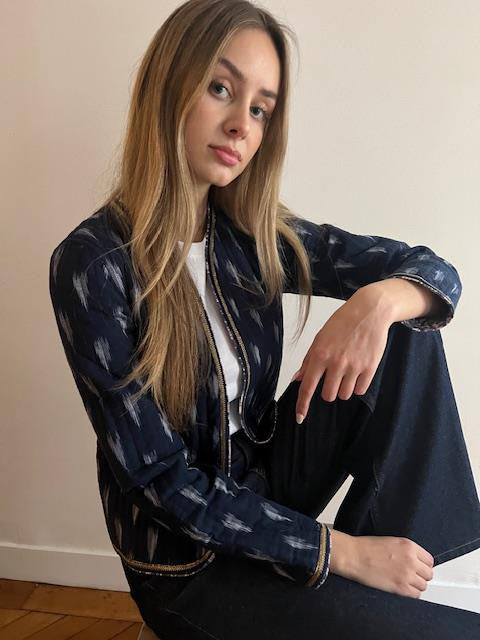 veste ikat marine gansée or